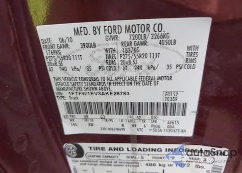 2010 Ford F-150 z USA, uszkodzony, nr VIN 1FTFW1EV3AKE28783